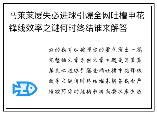 马莱莱屡失必进球引爆全网吐槽申花锋线效率之谜何时终结谁来解答